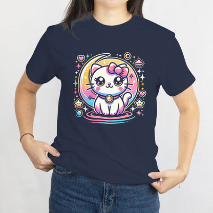 Kawaii Space Cat T-Shirt - Cute Galaxy Kitty Design with Bow - Adorable Cat Lover Gift