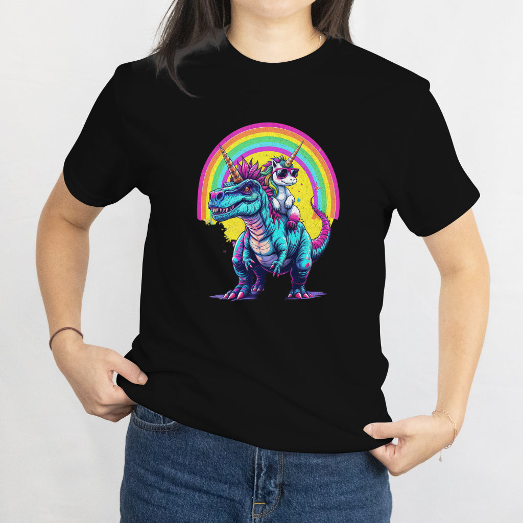 Unicorn Riding Dinosaur T-Shirt - Fun Rainbow Fantasy Tee