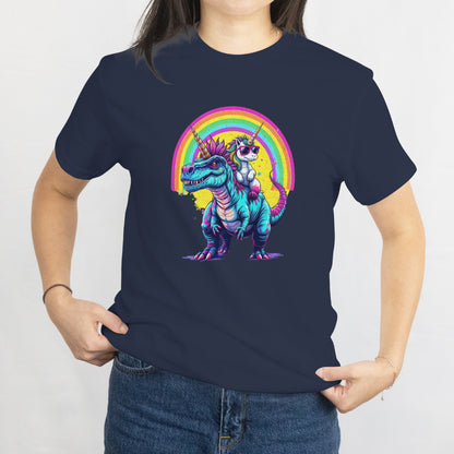 Unicorn Riding Dinosaur T-Shirt - Fun Rainbow Fantasy Tee