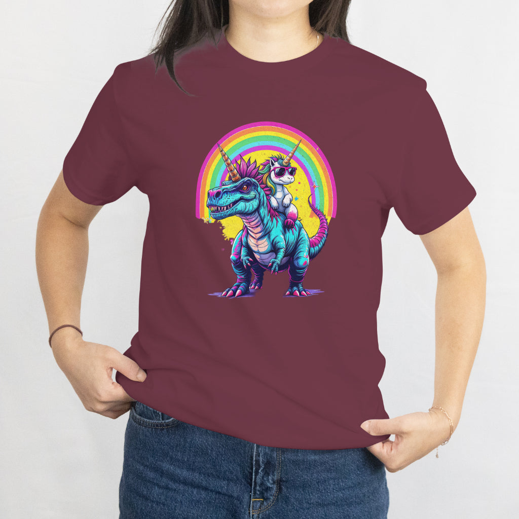 Unicorn Riding Dinosaur T-Shirt - Fun Rainbow Fantasy Tee