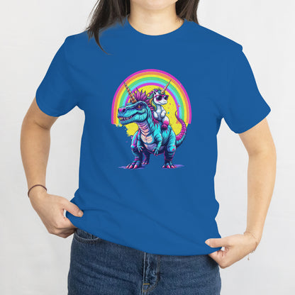 Unicorn Riding Dinosaur T-Shirt - Fun Rainbow Fantasy Tee