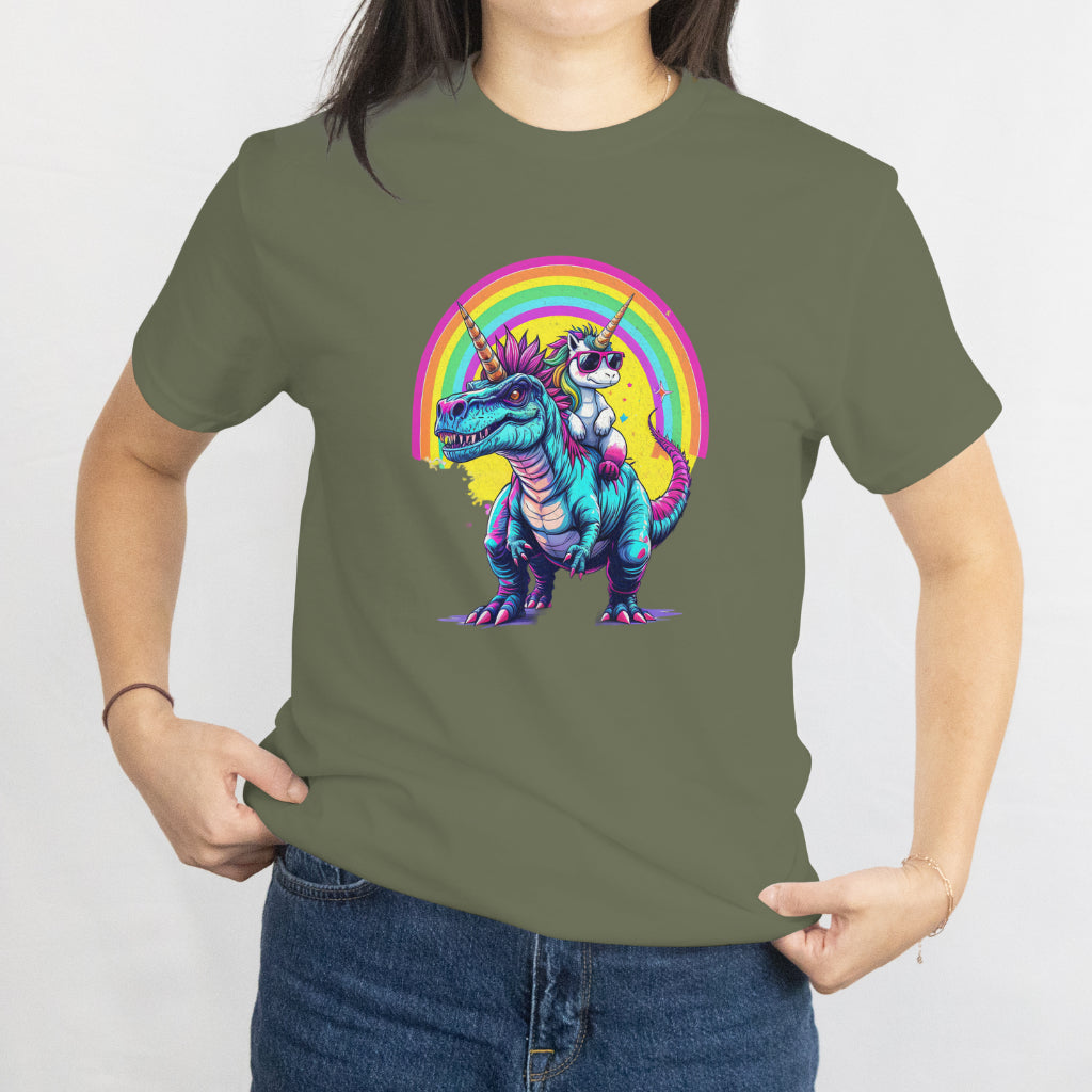 Unicorn Riding Dinosaur T-Shirt - Fun Rainbow Fantasy Tee