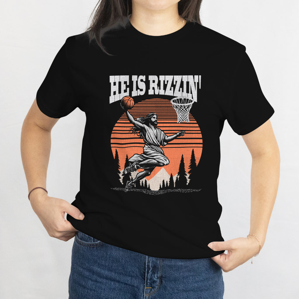 Jesus Playing Basketball T-Shirt - "He Is Rizzin" Funny Christian Graphic Tee