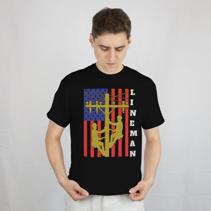 Lineman T-Shirt - Patriotic American Flag Design - Perfect Gift for Proud Linemen