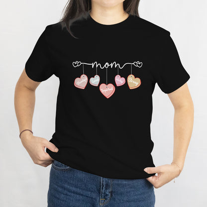 Mom T-Shirt with Hanging Hearts - Beautiful, Loved, Worthy, Strong