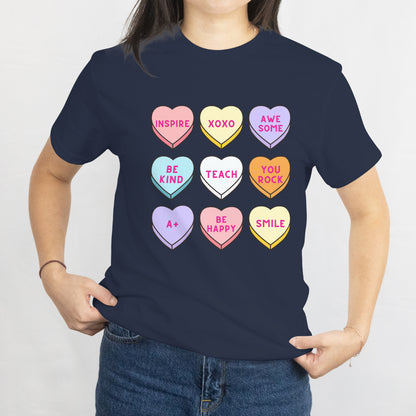 Conversation Hearts Teacher T-Shirt - Cute and Inspirational Candy Heart Tee, Valentine's Day Shirt, Positive Vibes Gift for Teachers and Students