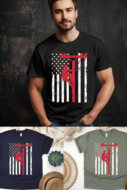 American Flag Lineman T-Shirt – Patriotic Utility Worker Tee, Power Lineman Gift, USA Flag Electrician Shirt, Unisex Workwear Tee