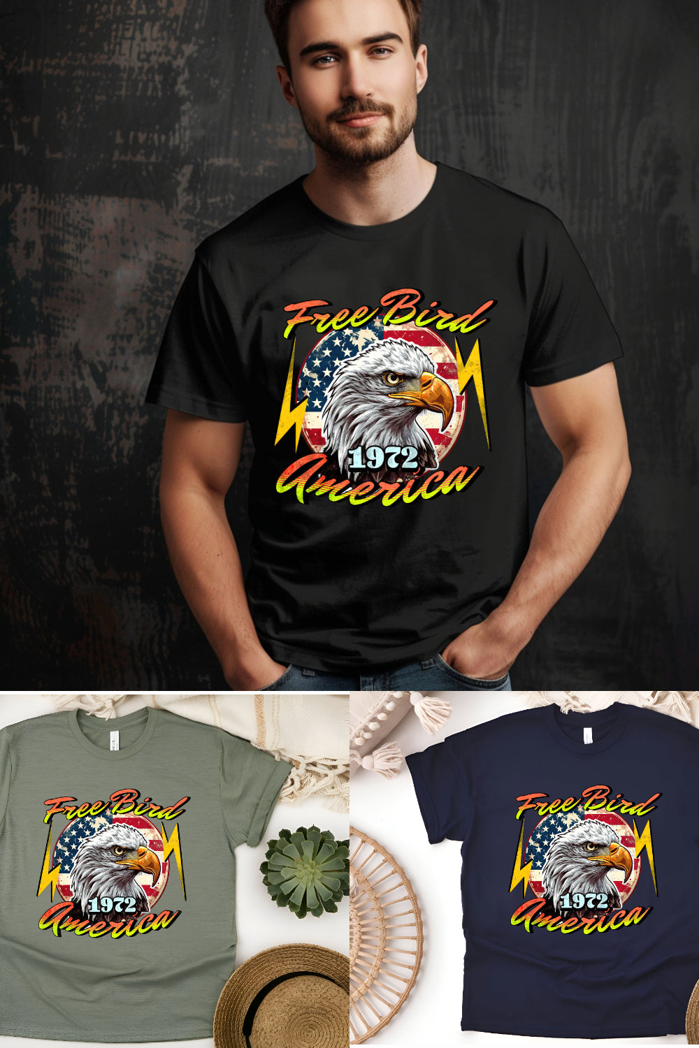 American Eagle Flag T-Shirt – Vintage USA Free Bird 1972 Tee, Patriotic Bald Eagle Shirt, Retro America Freedom Unisex Tee