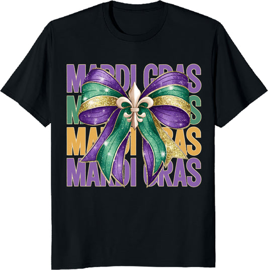 Mardi Gras Fleur-de-Lis Bow T-Shirt – Colorful Carnival Party Graphic Tee for Festive Celebrations