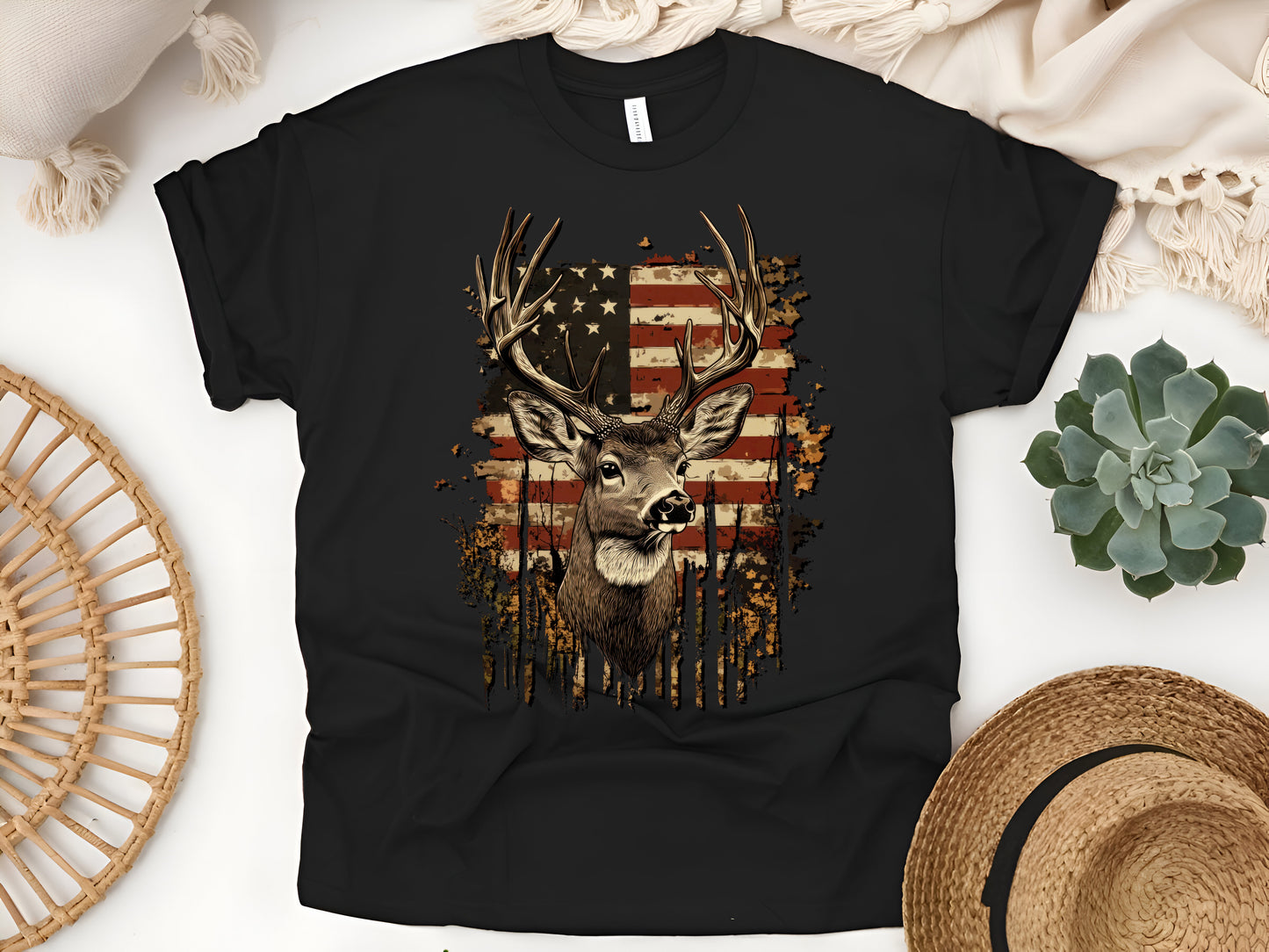 American Flag Deer Hunting T-Shirt – Rustic Patriotic Wildlife Tee