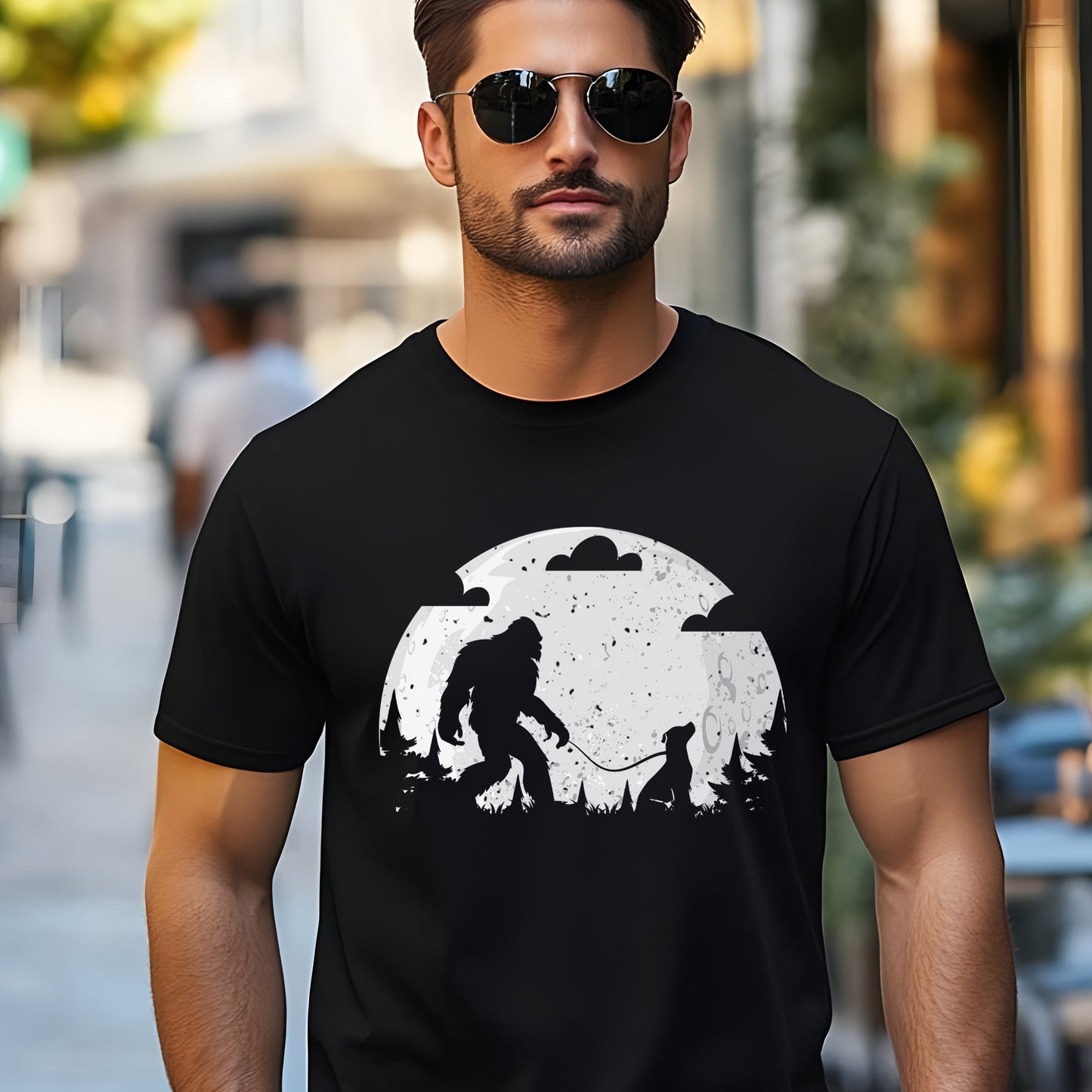 Bigfoot and Dog Shirt - Mysterious Moonlit Night Tee - Cryptid Lover Unisex T-Shirt