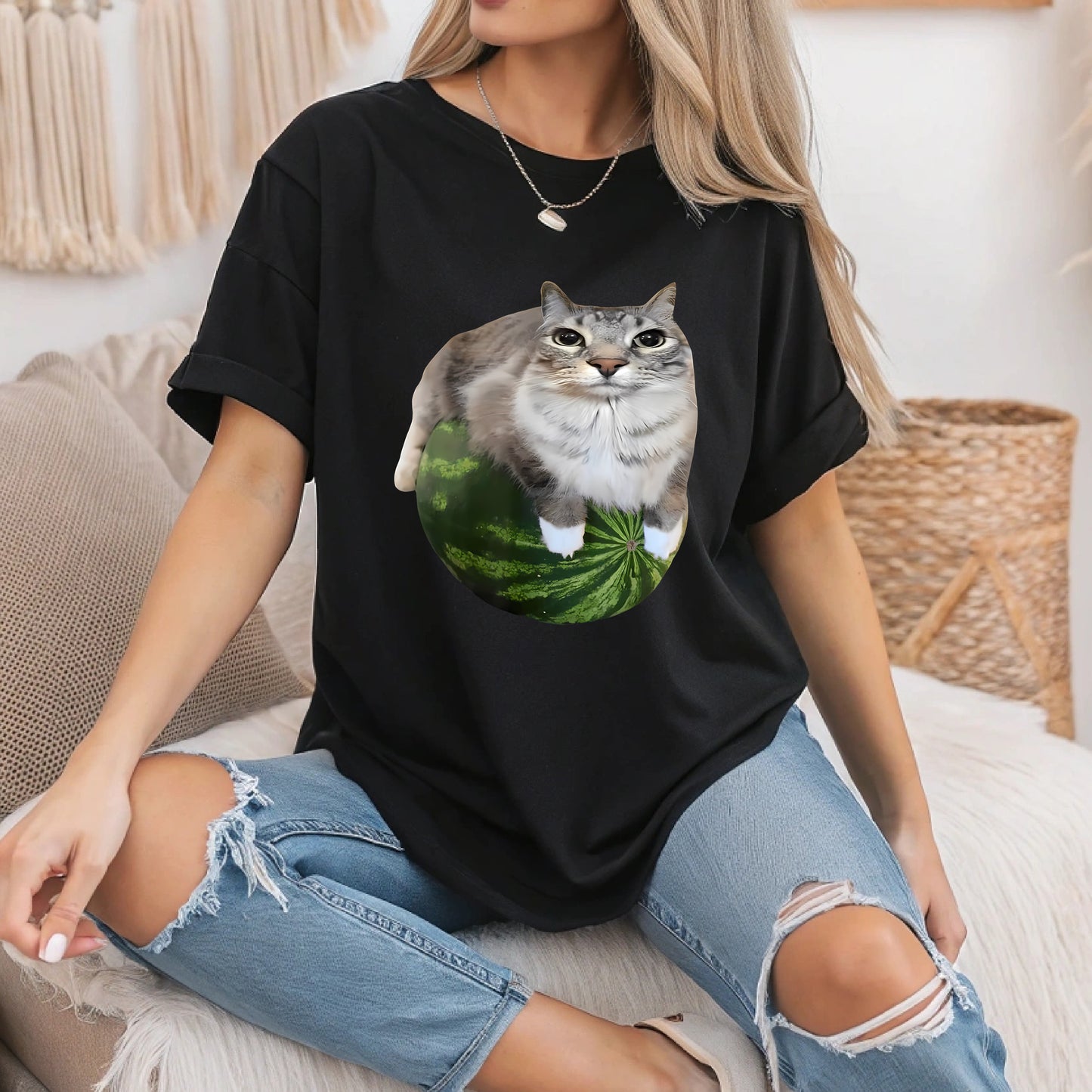 Watermelon Cat Shirt - Funny Cat Meme Tee - Silly Kitty Lover Unisex T-Shirt