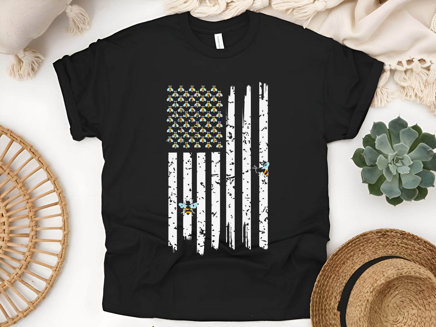 Honey Bees USA Flag T-Shirt, Patriotic Bee Lover Shirt, American Flag Bee Tee, Bee Conservation Gift