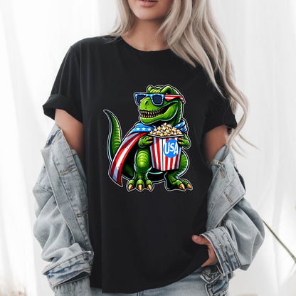 T-Rex Holding Popcorn T-Shirt - Funny 4th of July Dinosaur Tee - Patriotic USA Movie Night Shirt