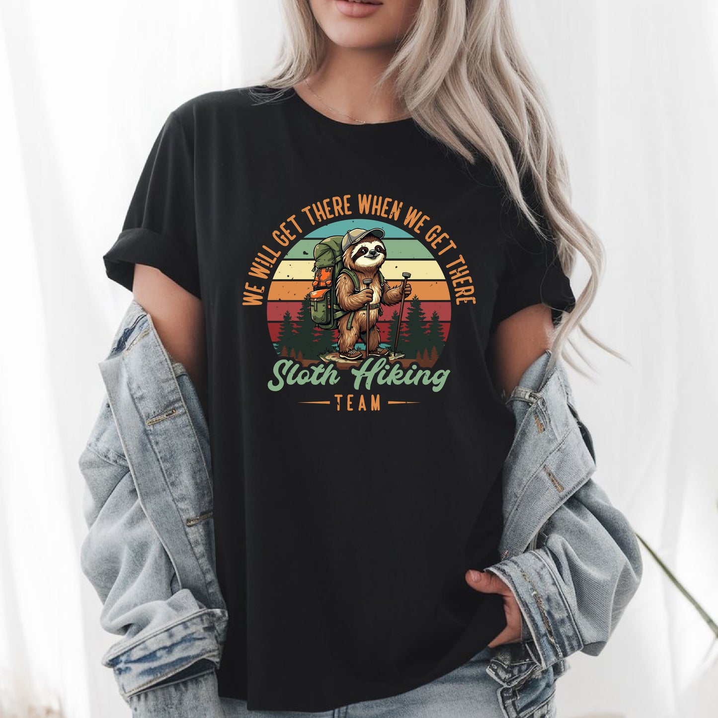 Funny Sloth Hiking Team T-Shirt - Slow and Steady Adventure Nature Lover Tee