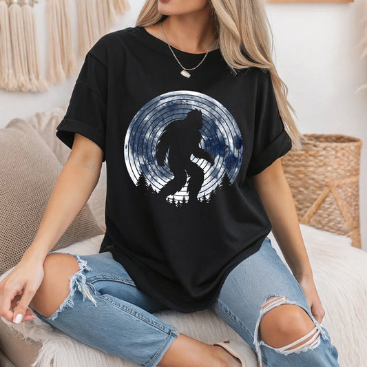 Bigfoot Retro Moon T-Shirt - Vintage Sasquatch Tee - Cryptid Lover Gift - Outdoor Adventure Unisex Tee