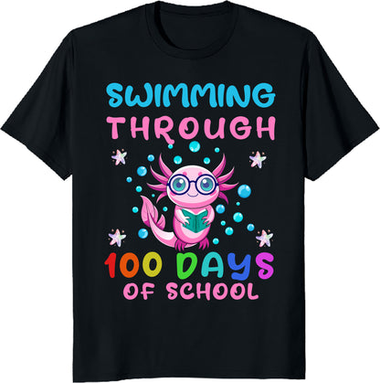 Swimming Through 100 Days of School Kids Girls Funny Axolotl T-Shirt