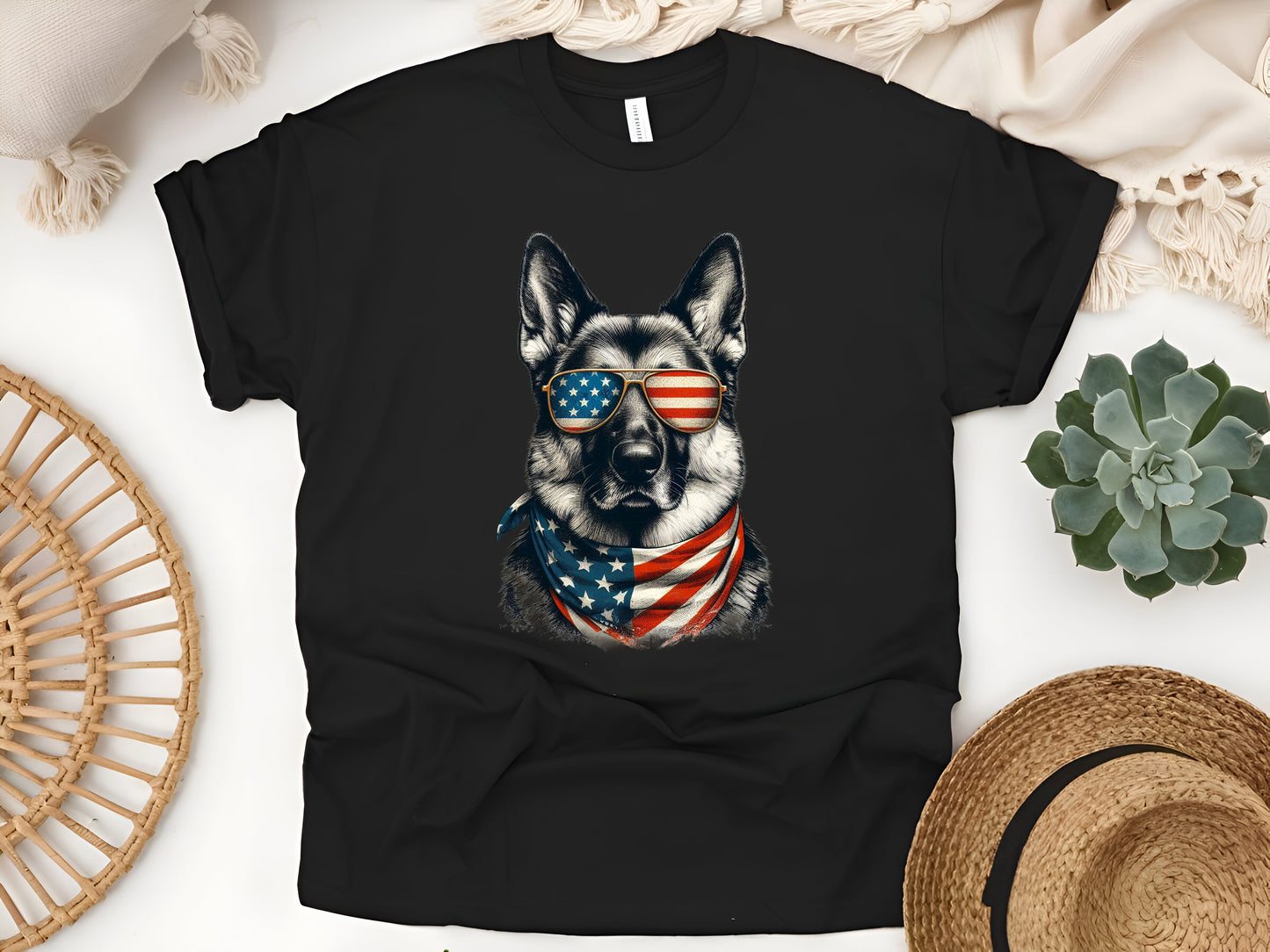 German Shepherd Flag Sunglasses Unisex Tee - Patriotic Dog Lover Shirt, Printed in USA