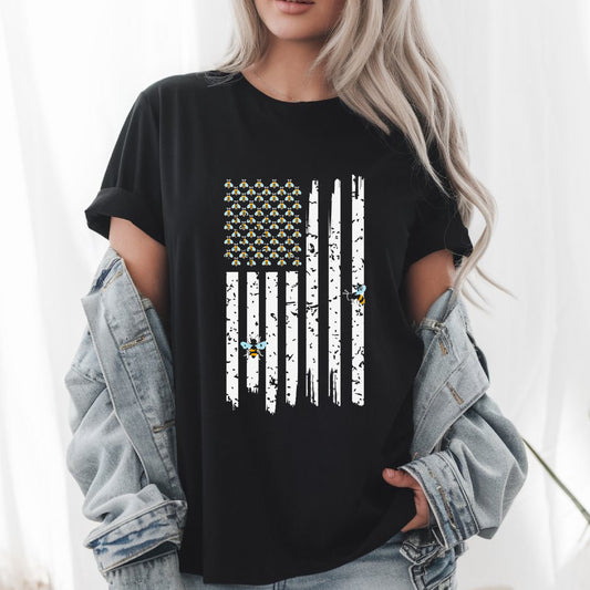 Honey Bees USA Flag T-Shirt, Patriotic Bee Lover Shirt, American Flag Bee Tee, Bee Conservation Gift