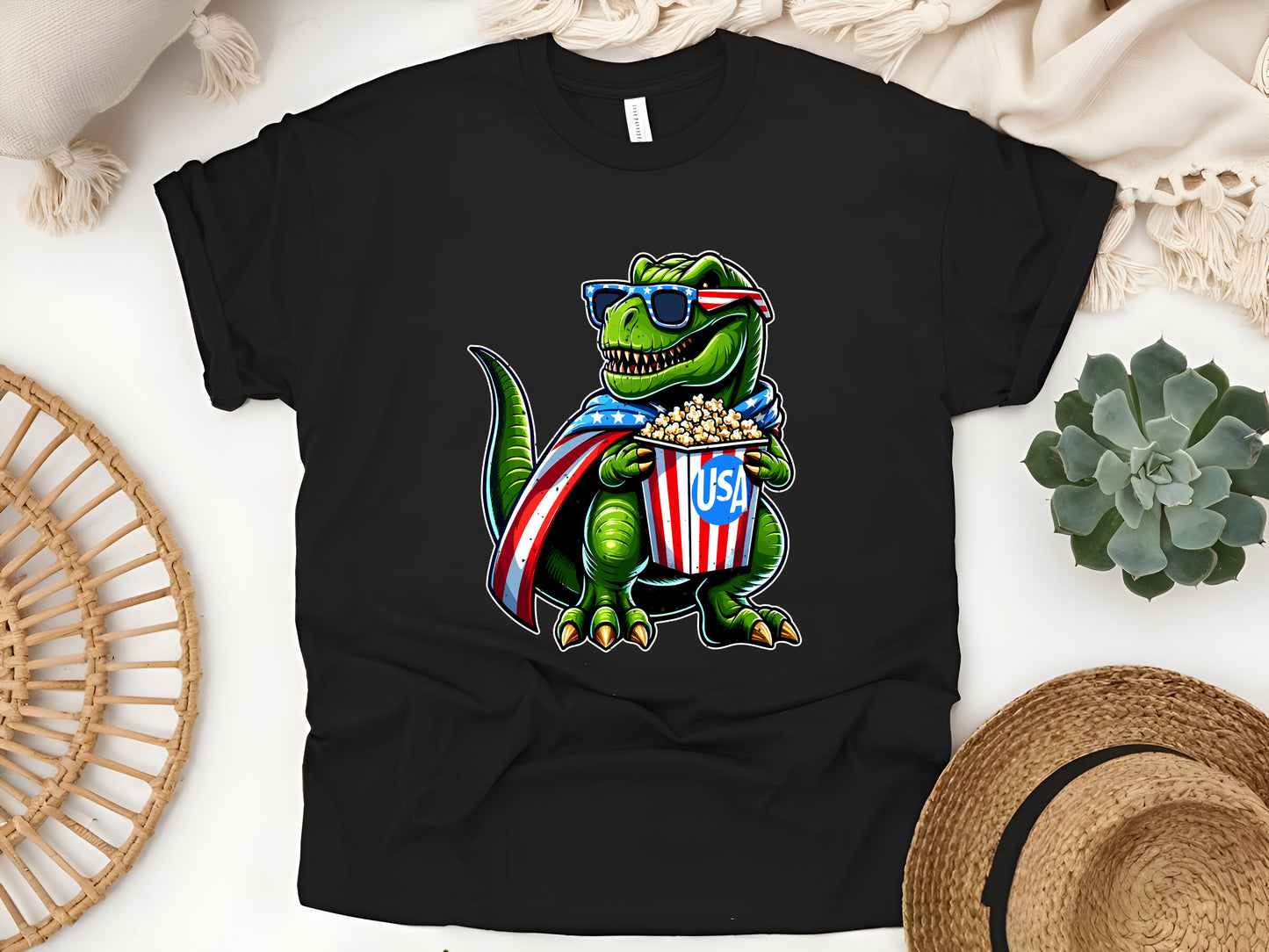 T-Rex Holding Popcorn T-Shirt - Funny 4th of July Dinosaur Tee - Patriotic USA Movie Night Shirt