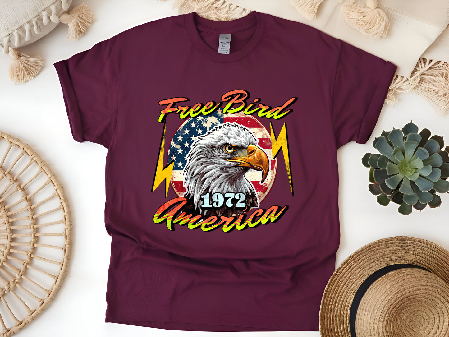 American Eagle Flag T-Shirt – Vintage USA Free Bird 1972 Tee, Patriotic Bald Eagle Shirt, Retro America Freedom Unisex Tee