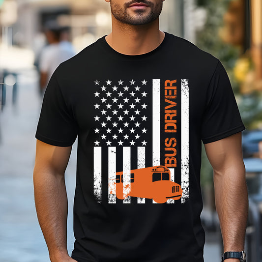 American Flag Bus Driver T-Shirt - Patriotic School Bus Driver Tee