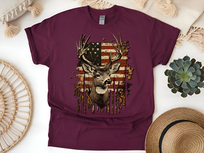 American Flag Deer Hunting T-Shirt – Rustic Patriotic Wildlife Tee