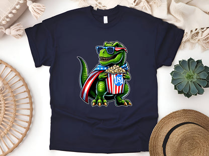 T-Rex Holding Popcorn T-Shirt - Funny 4th of July Dinosaur Tee - Patriotic USA Movie Night Shirt