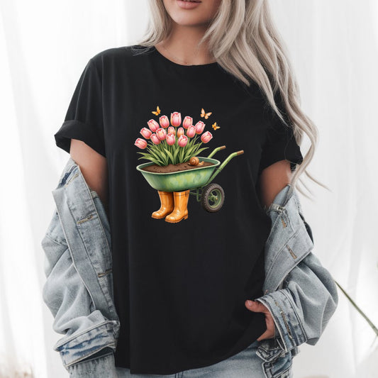 Tulips in Wheelbarrow with Boots T-Shirt - Cute Gardening Floral Tee for Plant Lovers