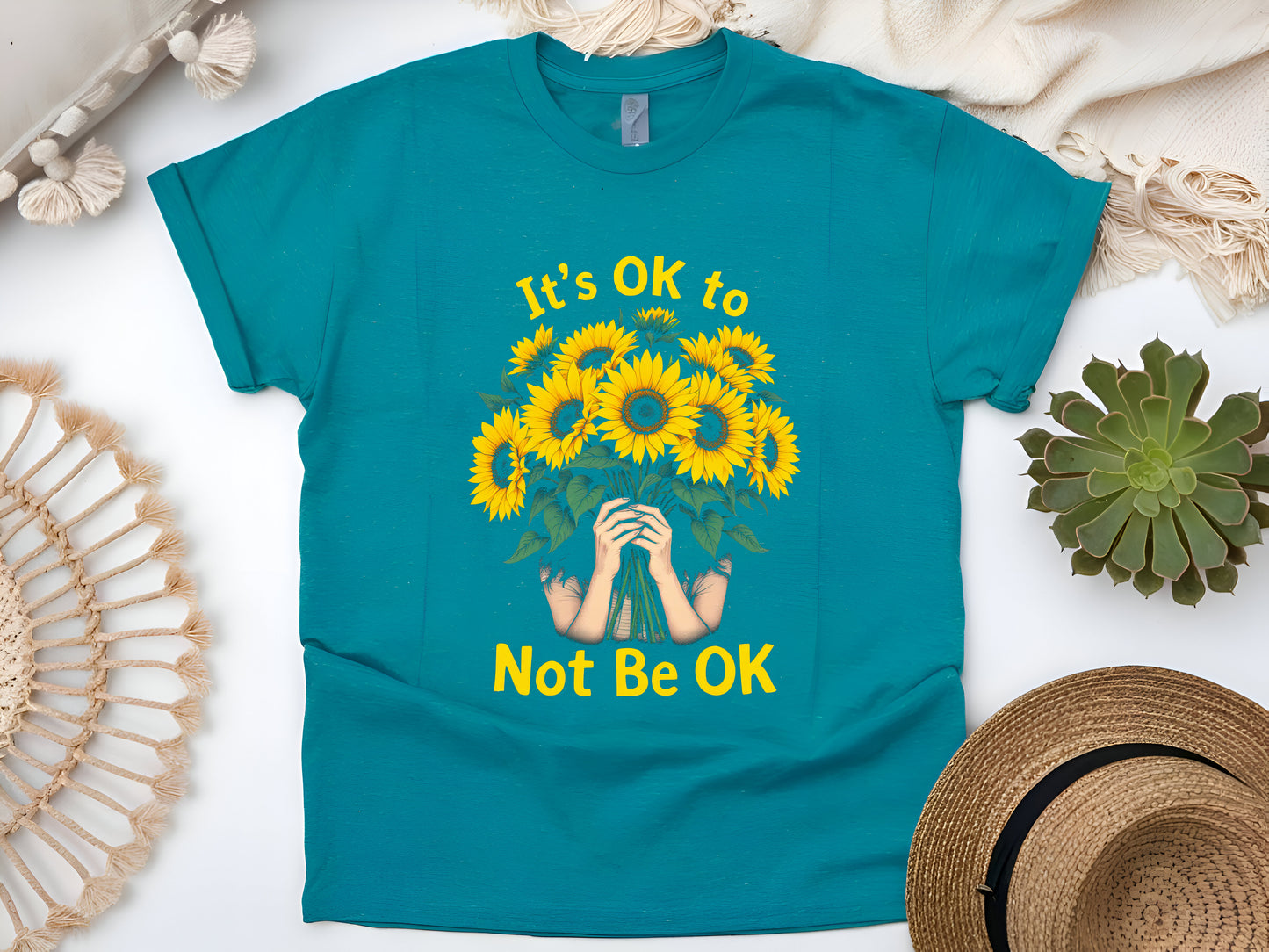 It’s OK to Not Be OK Sunflower T-Shirt – Mental Health Awareness & Self-Care Motivational Tee