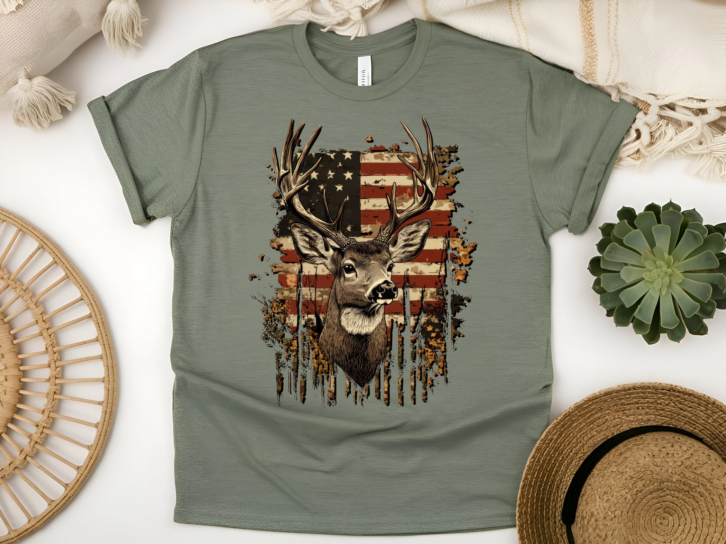 American Flag Deer Hunting T-Shirt – Rustic Patriotic Wildlife Tee