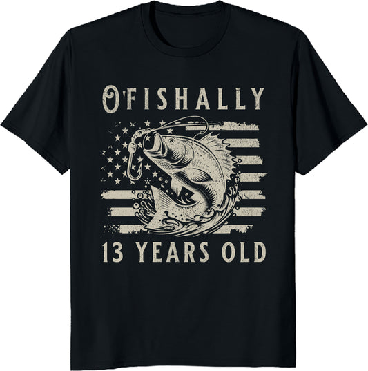 Ofishally 13 Year Old T-Shirt - 13th Birthday Fishing US Flag Tee