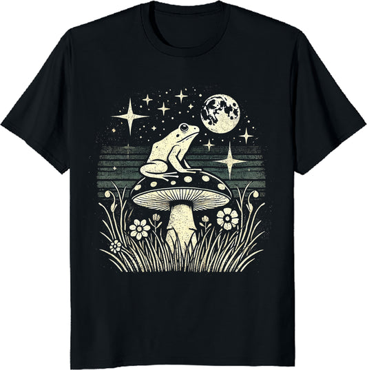 Frog on Mushroom Unisex Tee - Cute Nighttime Cottagecore Aesthetic T-Shirt