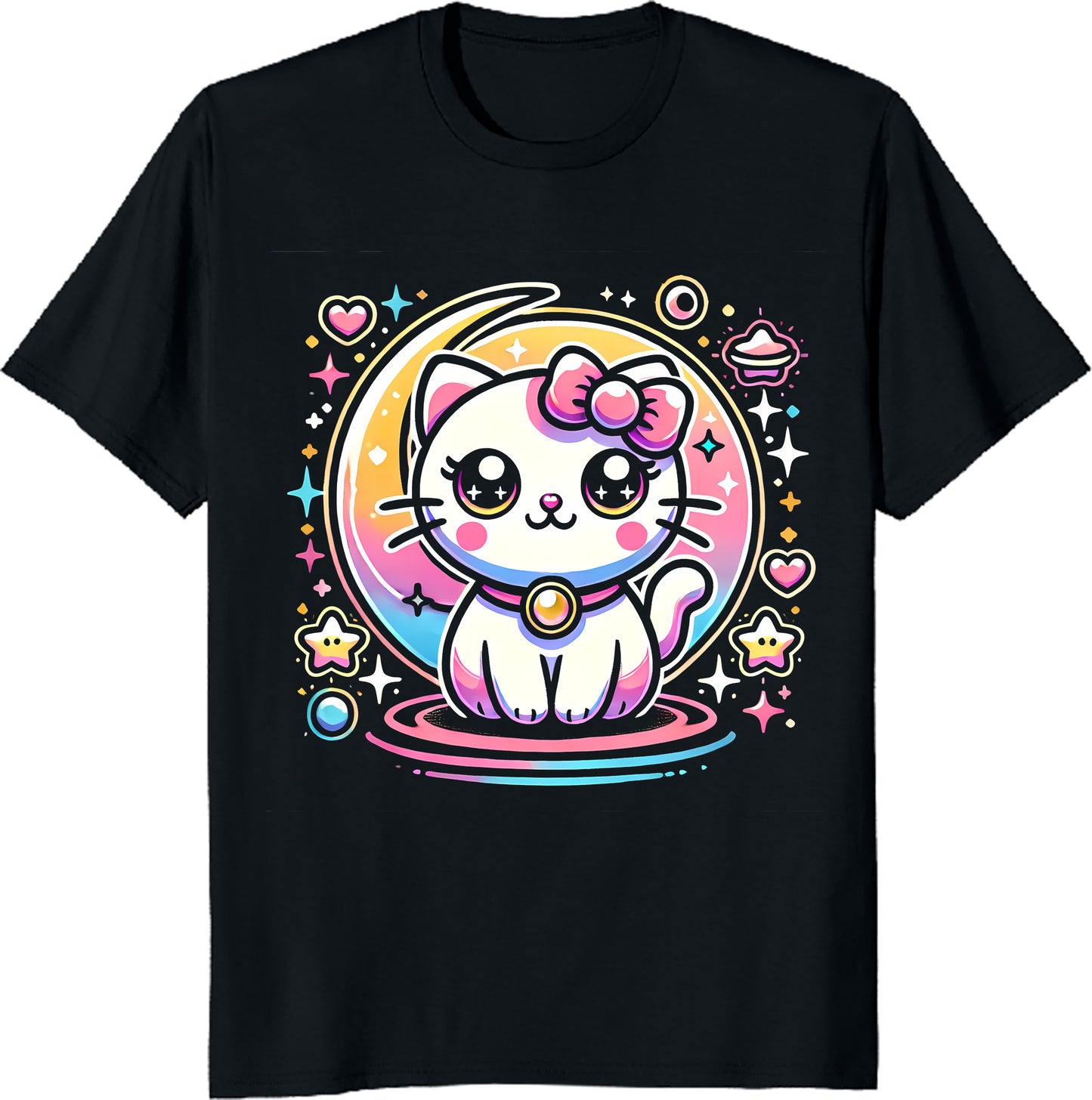 Kawaii Space Cat T-Shirt - Cute Galaxy Kitty Design with Bow - Adorable Cat Lover Gift