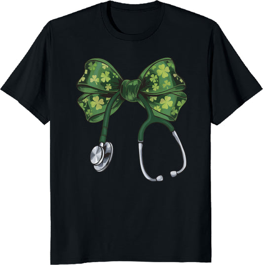 St. Patrick’s Day Nurse Unisex Tee – Cute Coquette Bow Lucky Clover Shirt