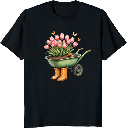 Tulips in Wheelbarrow with Boots T-Shirt - Cute Gardening Floral Tee for Plant Lovers