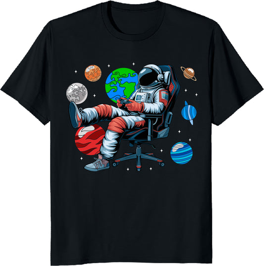 Gaming Chair Astronaut T-Shirt – Space Gamer Funny Sci-Fi Tee – Retro Gaming Lover Gift – Printed in USA