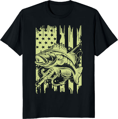 American Bass Fishing T-Shirt - Patriotic USA Flag Design with Fish and Fishing Rod, Perfect Gift for Anglers and Outdoor Enthusiasts