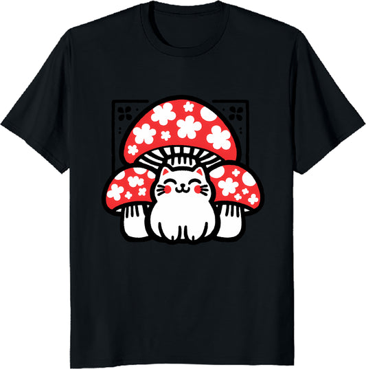 Lucky Cat Under Mushroom Canopy Unisex Tee - Whimsical Cottagecore T-Shirt