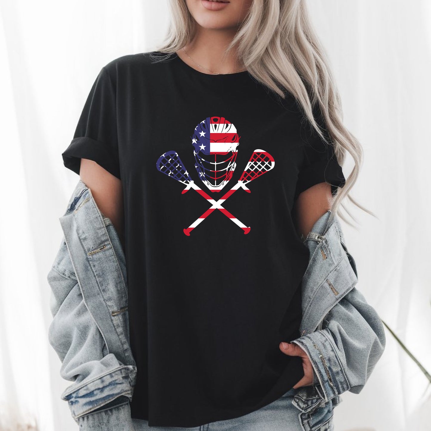 Lacrosse American Flag T-Shirt – Lax Helmet & Sticks Tee, Patriotic Sports Shirt, Gift for Lacrosse Players & Fans, Unisex Fit