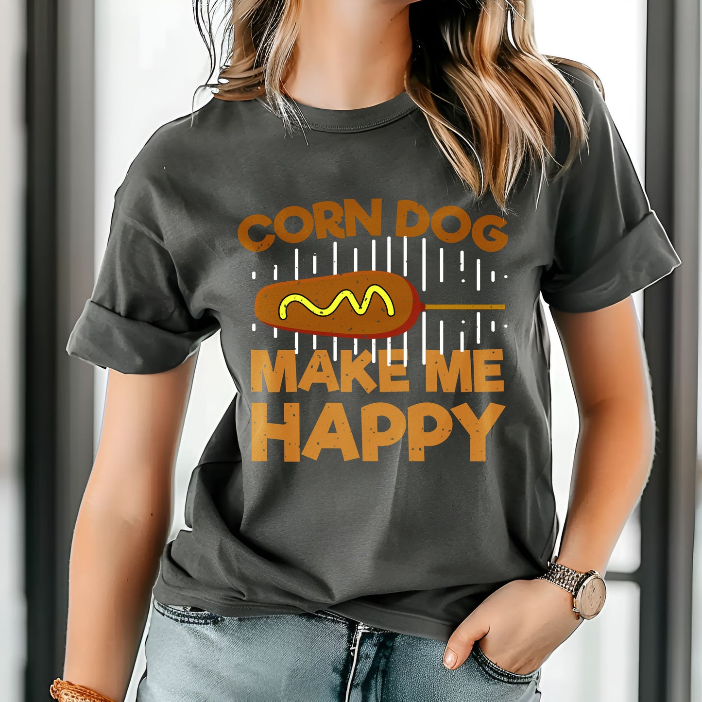 Corn Dogs Make Me Happy T-Shirt – Funny Foodie Tee, Carnival Snack Lover Shirt, Cute Hot Dog Pun Gift, Unisex Fair Food Apparel