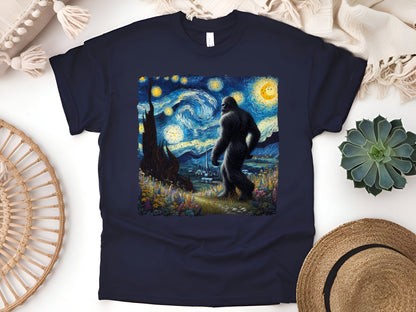 Bigfoot Starry Night T-Shirt - Sasquatch Van Gogh Art Tee, Funny Cryptid Shirt, Unisex Casual Wear