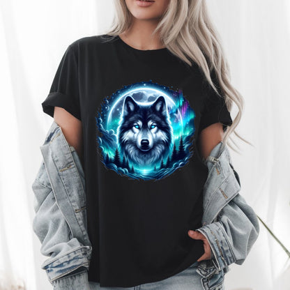 Grey Wolf Hunting Ground T-Shirt – Icy Moon & Forest Galaxy Wolf Tee – Majestic Wildlife Shirt for Nature & Animal Lovers