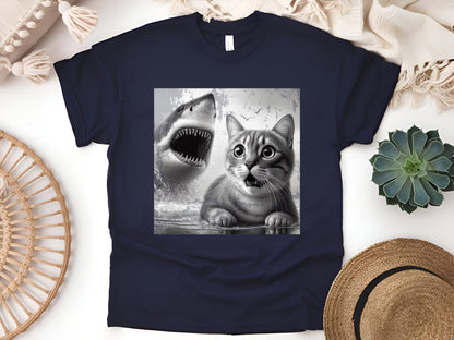 Funny Cat Selfie with Shark – Hilarious Ocean Adventure Cat Lover T-Shirt