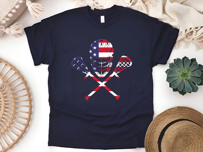 Lacrosse American Flag T-Shirt – Lax Helmet & Sticks Tee, Patriotic Sports Shirt, Gift for Lacrosse Players & Fans, Unisex Fit