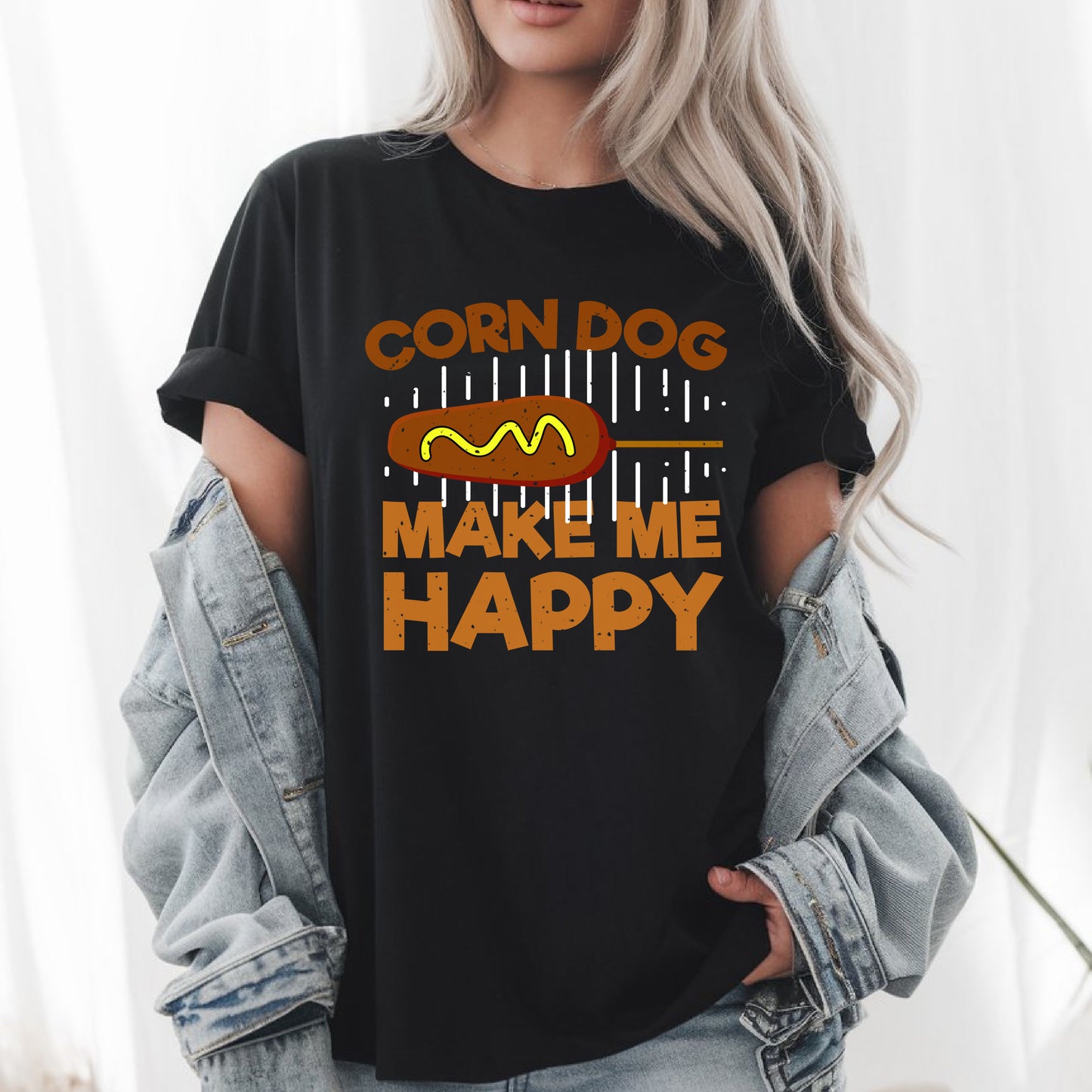 Corn Dogs Make Me Happy T-Shirt – Funny Foodie Tee, Carnival Snack Lover Shirt, Cute Hot Dog Pun Gift, Unisex Fair Food Apparel