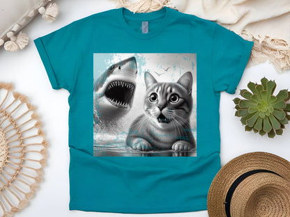 Funny Cat Selfie with Shark – Hilarious Ocean Adventure Cat Lover T-Shirt