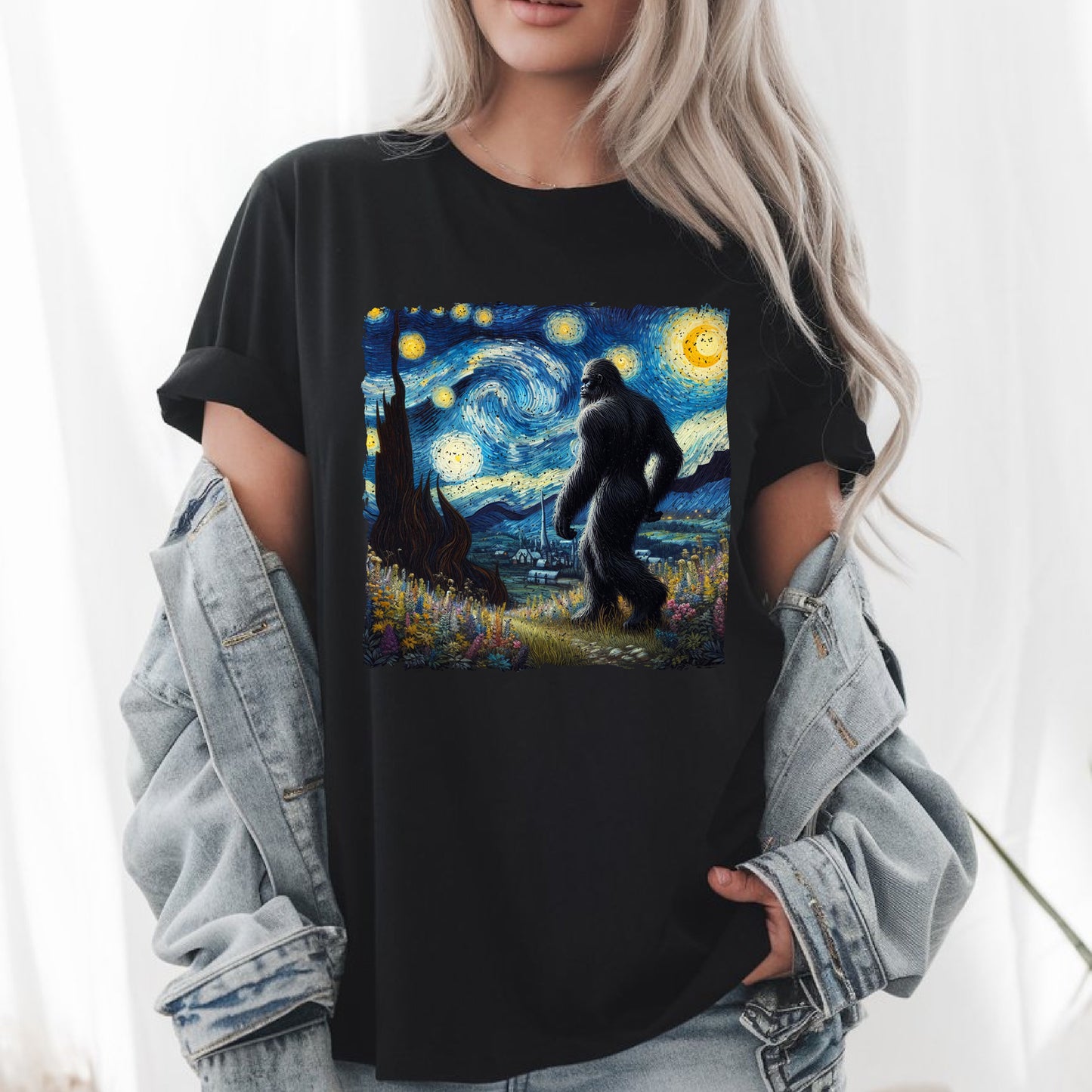 Bigfoot Starry Night T-Shirt - Sasquatch Van Gogh Art Tee, Funny Cryptid Shirt, Unisex Casual Wear