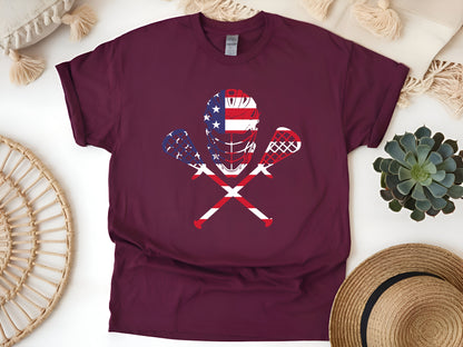 Lacrosse American Flag T-Shirt – Lax Helmet & Sticks Tee, Patriotic Sports Shirt, Gift for Lacrosse Players & Fans, Unisex Fit