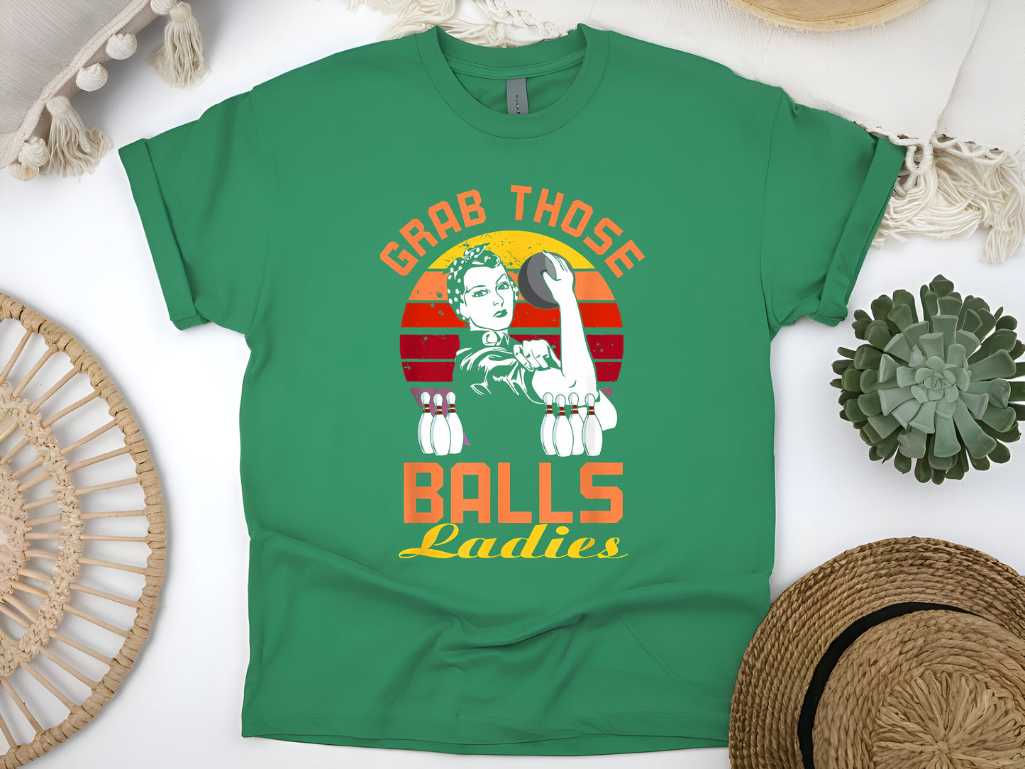 Grab Those Balls Ladies Bowling T-Shirt – Funny Retro Bowling Tee for Women & Bowlers